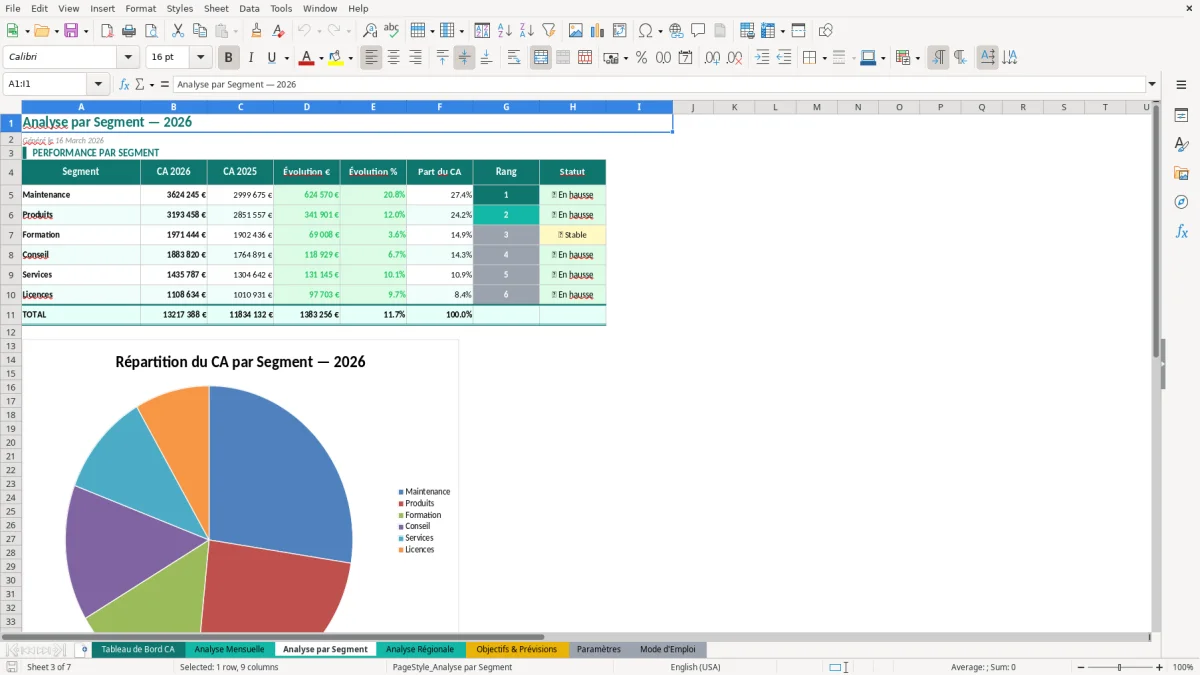 Capture d'écran 3 : Feuille Analyse par Segment - Modèle Excel analyse chiffre affaires excel