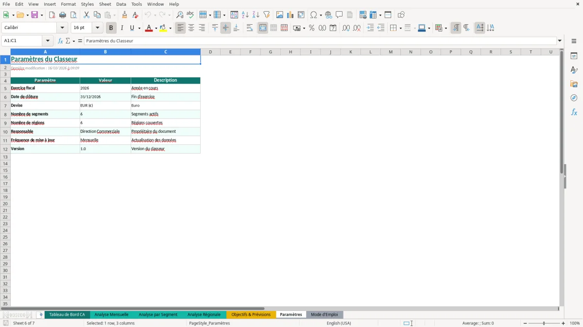 Capture d'écran 6 : Feuille Paramètres - Modèle Excel analyse chiffre affaires excel