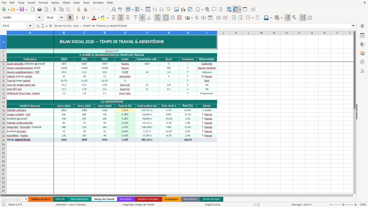 Capture d'écran 4 : Feuille Temps de Travail - Modèle Excel bilan social entreprise excel