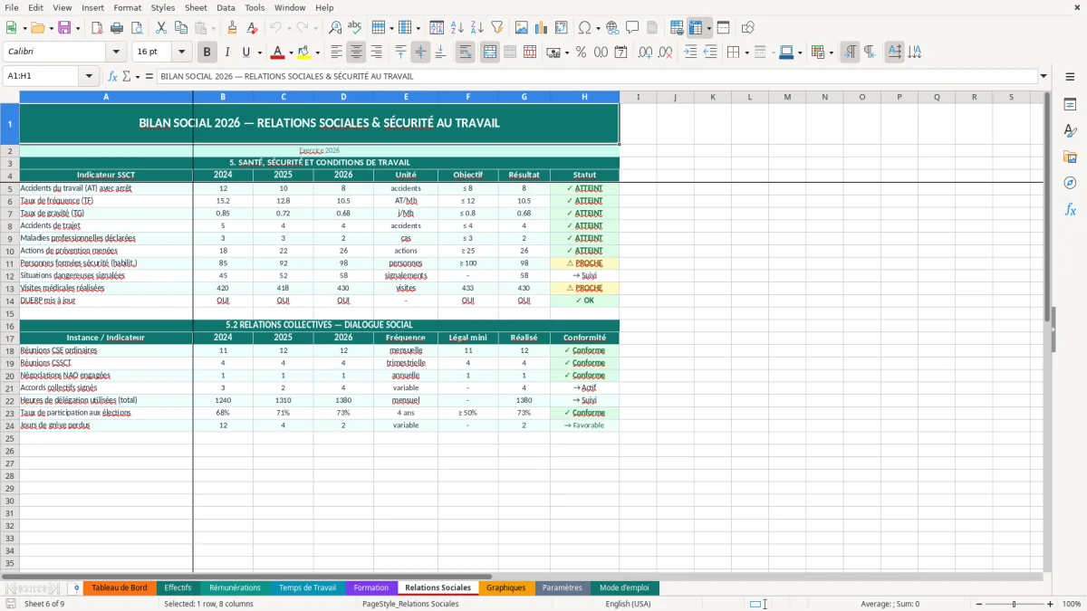 Capture d'écran 6 : Feuille Relations Sociales - Modèle Excel bilan social entreprise excel