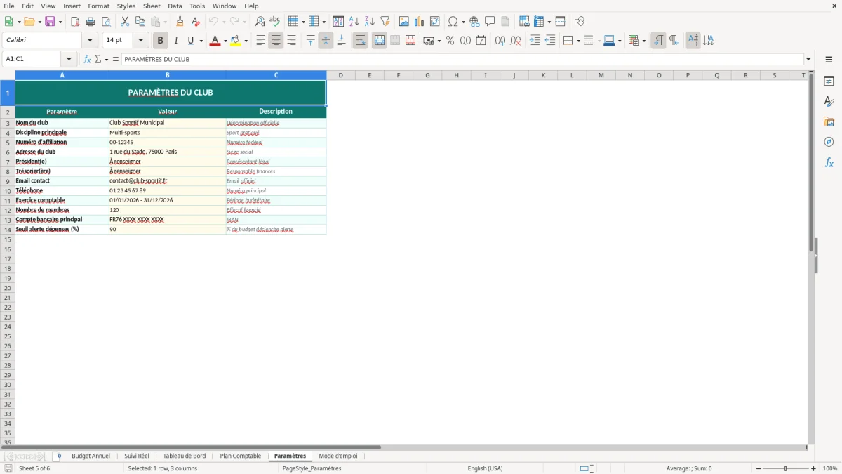 Capture d'écran 3 : Feuille Tableau de Bord - Modèle Excel budget club sportif excel