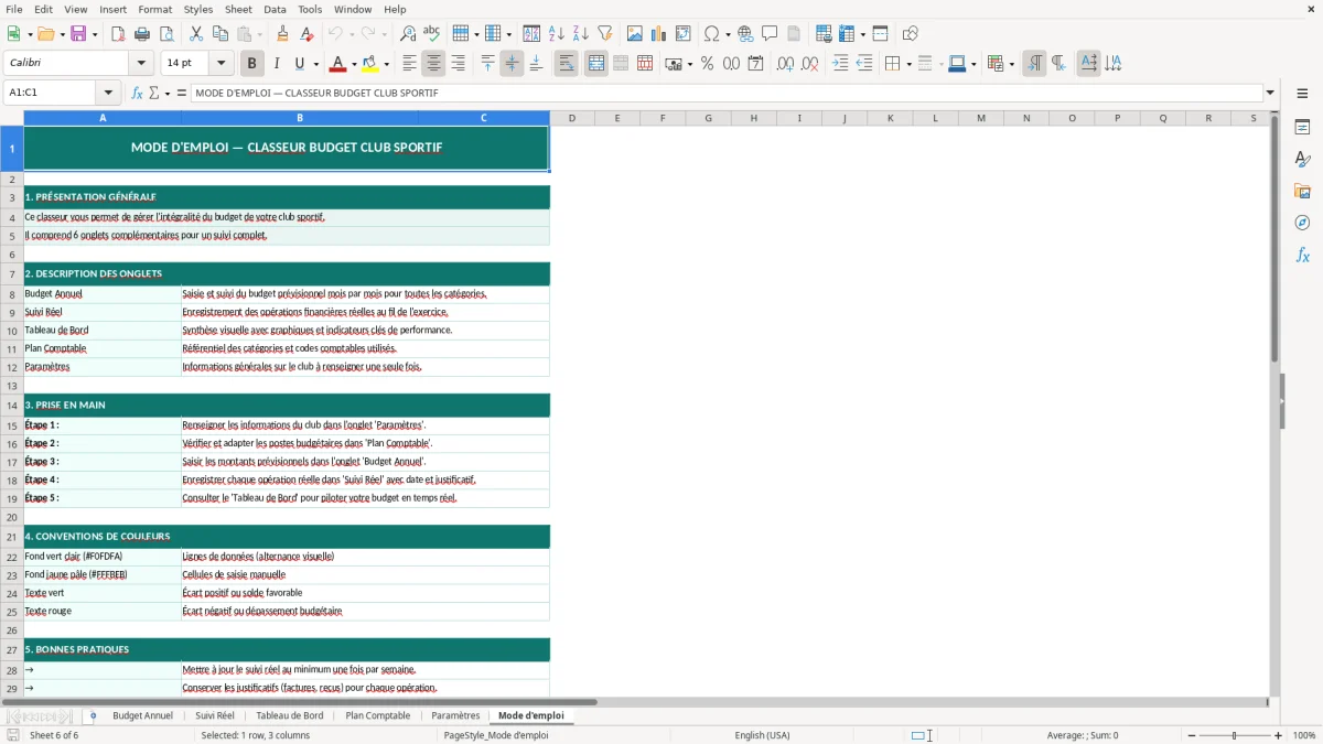 Capture d'écran 4 : Feuille Plan Comptable - Modèle Excel budget club sportif excel