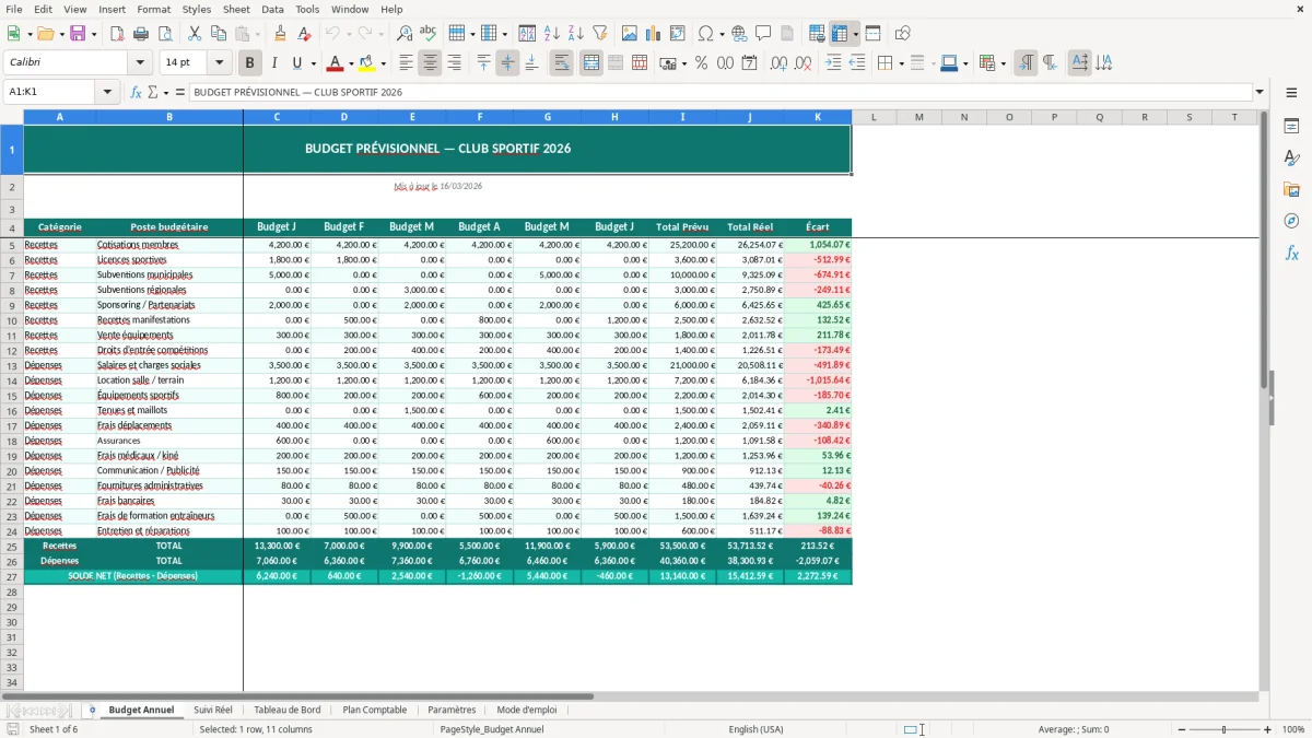 Capture d'écran 5 : Feuille Paramètres - Modèle Excel budget club sportif excel