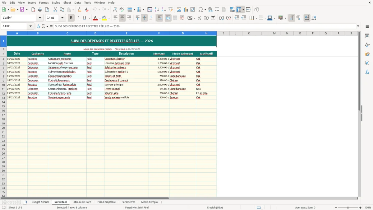 Capture d'écran 6 : Feuille Mode d'emploi - Modèle Excel budget club sportif excel