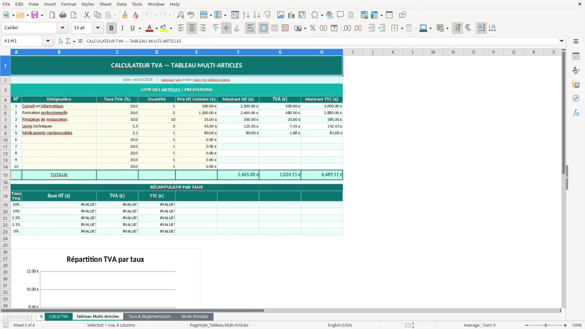 Capture d'écran 2 : Feuille Tableau Multi-Articles - Modèle Excel calcul TVA excel