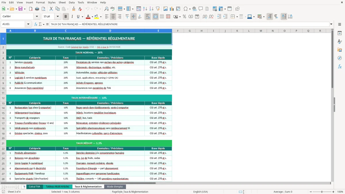 Capture d'écran 3 : Feuille Taux & Réglementation - Modèle Excel calcul TVA excel