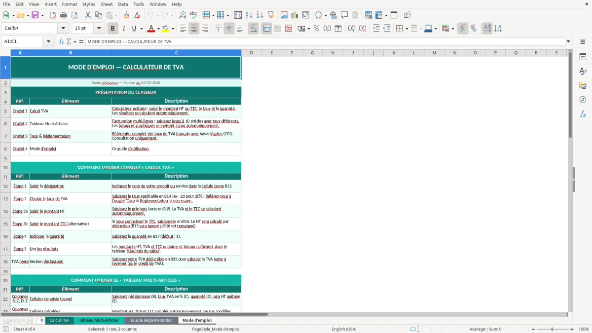 Capture d'écran 4 : Feuille Mode d'emploi - Modèle Excel calcul TVA excel