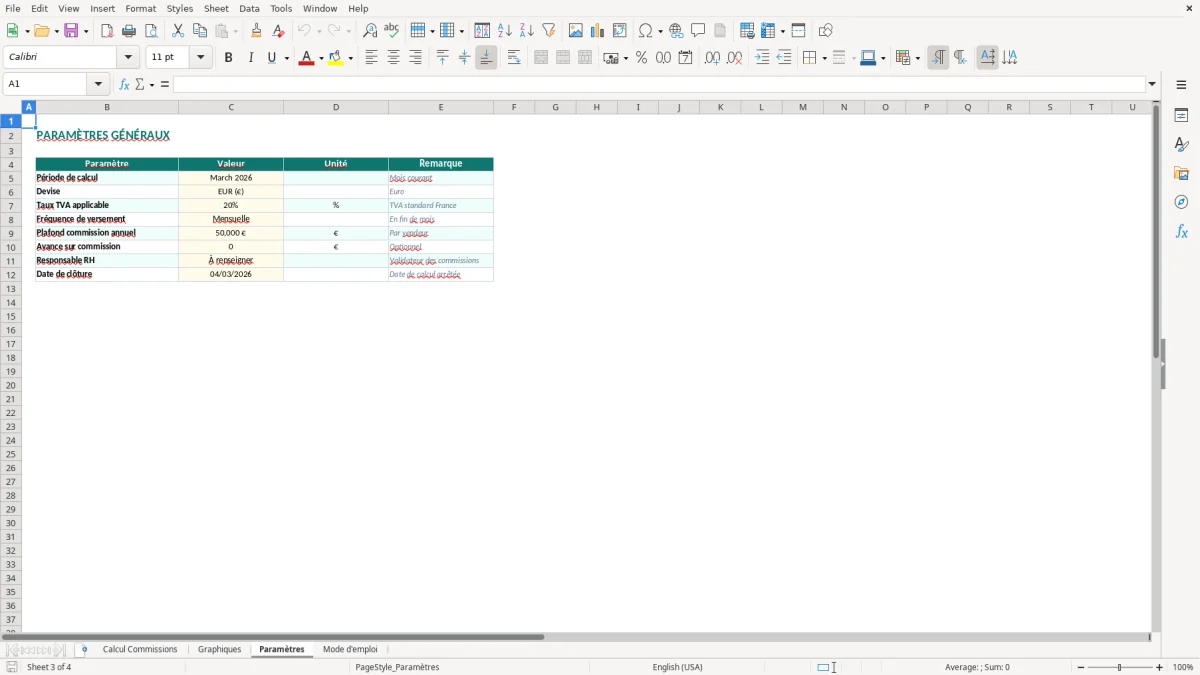 Capture d'écran 3 : Feuille Paramètres - Modèle Excel calcul commission vendeur excel