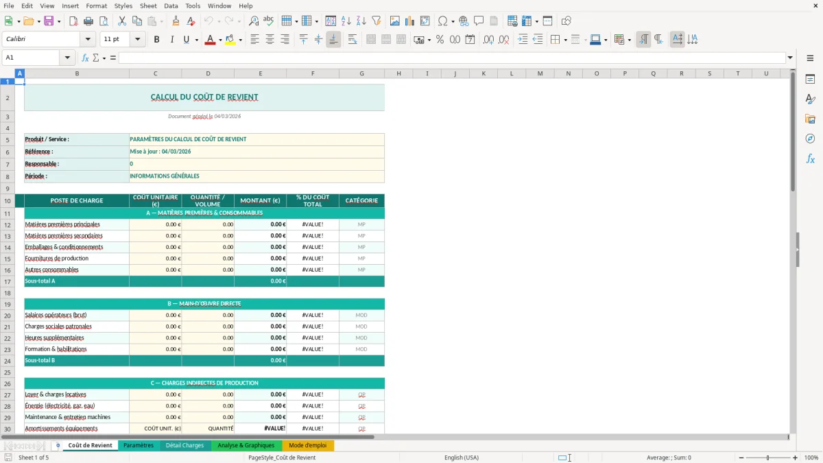 Capture d'écran 1 : Feuille Coût de Revient - Modèle Excel calcul coût de revient excel