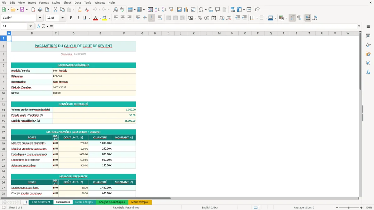 Capture d'écran 2 : Feuille Paramètres - Modèle Excel calcul coût de revient excel