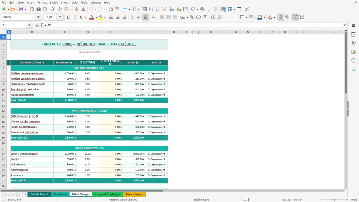 Capture d'écran 3 : Feuille Détail Charges - Modèle Excel calcul coût de revient excel