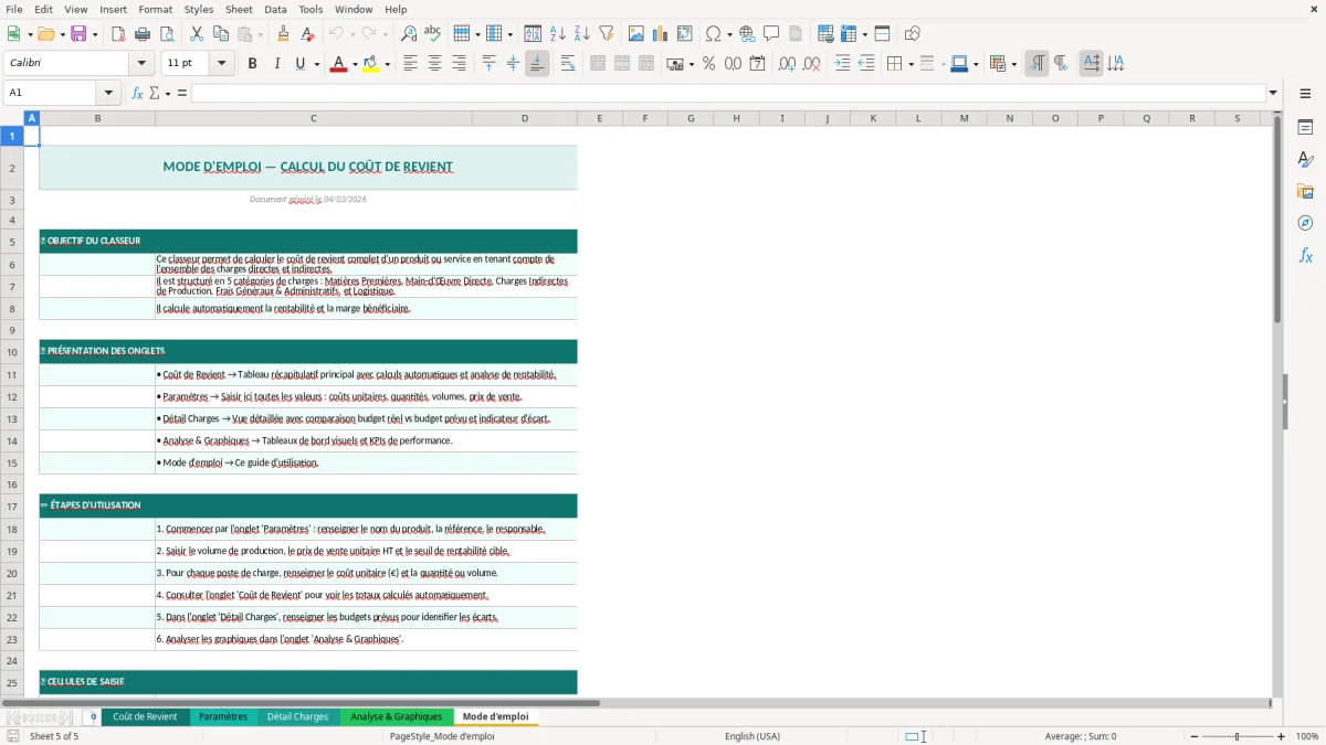 Capture d'écran 5 : Feuille Mode d'emploi - Modèle Excel calcul coût de revient excel