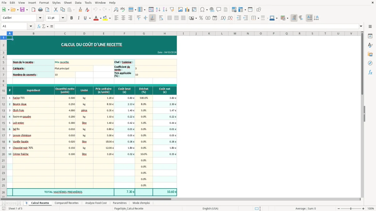 Capture d'écran 1 : Feuille Calcul Recette - Modèle Excel calcul coût recette excel