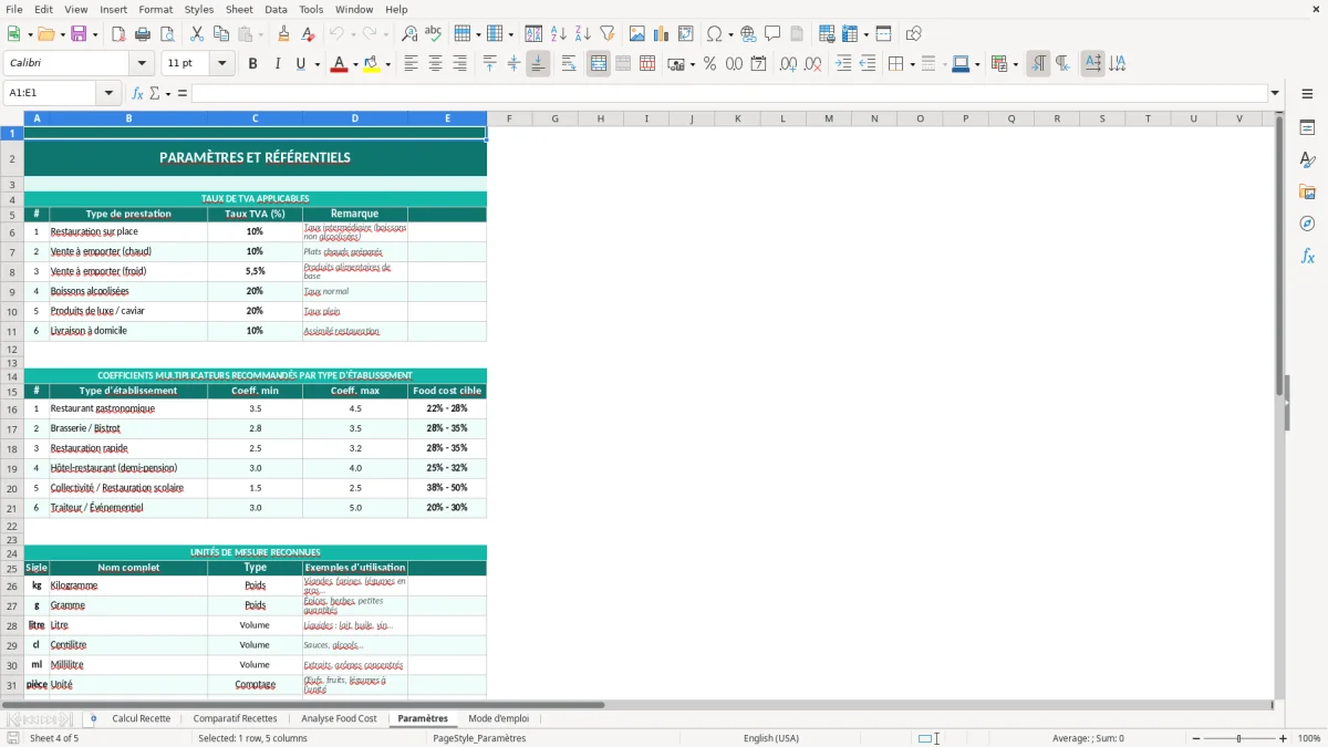 Capture d'écran 4 : Feuille Paramètres - Modèle Excel calcul coût recette excel