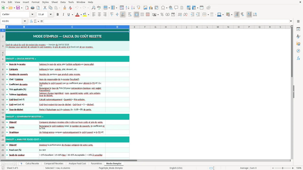 Capture d'écran 5 : Feuille Mode d'emploi - Modèle Excel calcul coût recette excel