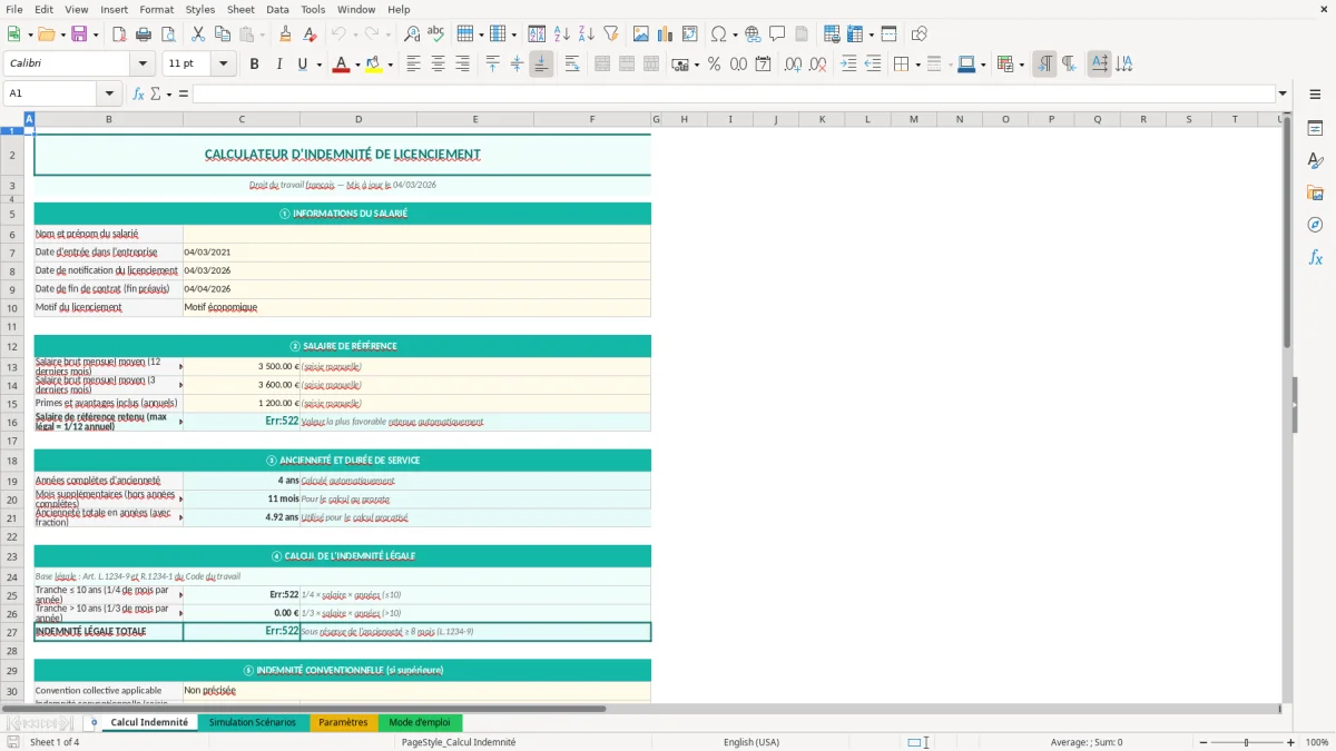 Capture d'écran 1 : Feuille Calcul Indemnité - Modèle Excel calcul indemnité licenciement excel