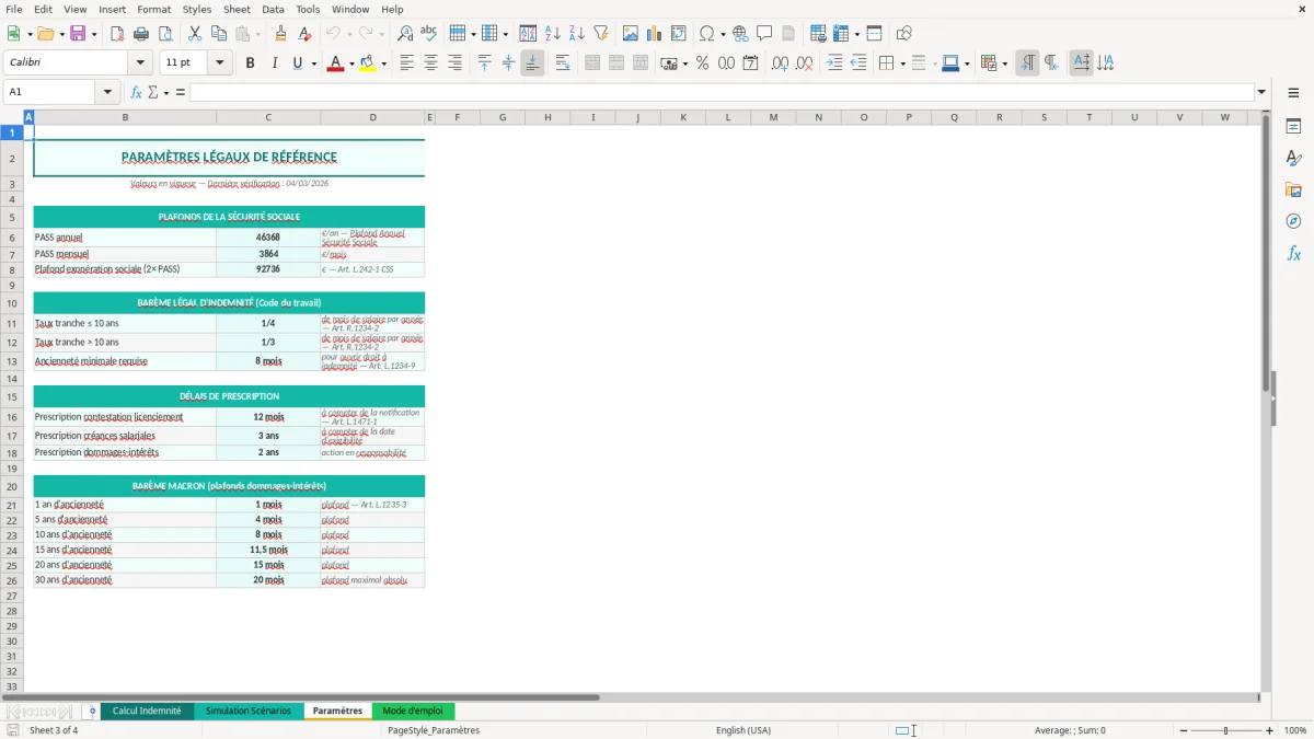 Capture d'écran 3 : Feuille Paramètres - Modèle Excel calcul indemnité licenciement excel