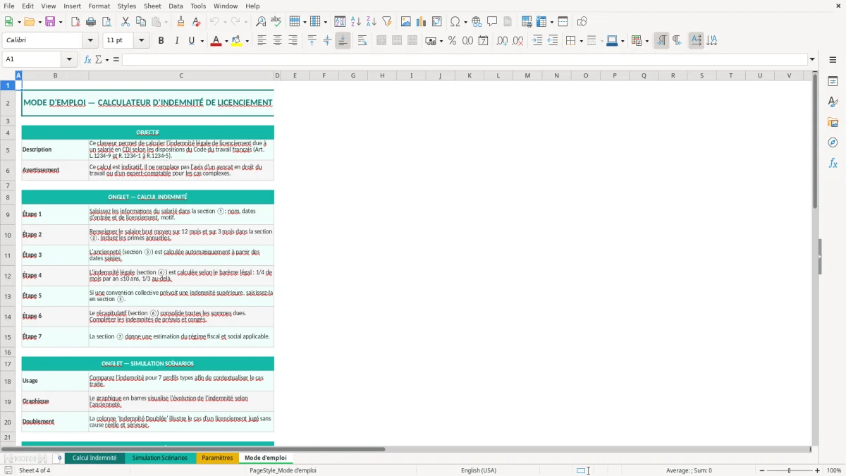 Capture d'écran 4 : Feuille Mode d'emploi - Modèle Excel calcul indemnité licenciement excel