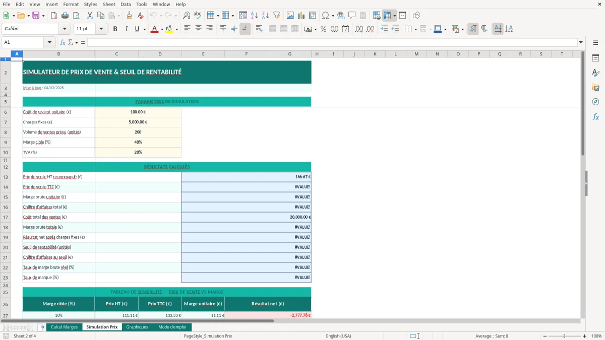 Capture d'écran 2 : Feuille Simulation Prix - Modèle Excel calcul marge bénéficiaire excel