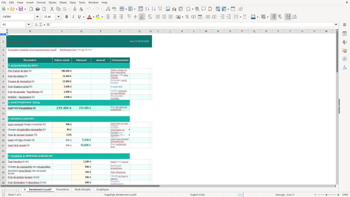 Capture d'écran 1 : Feuille Rendement Locatif - Modèle Excel calcul rendement locatif excel