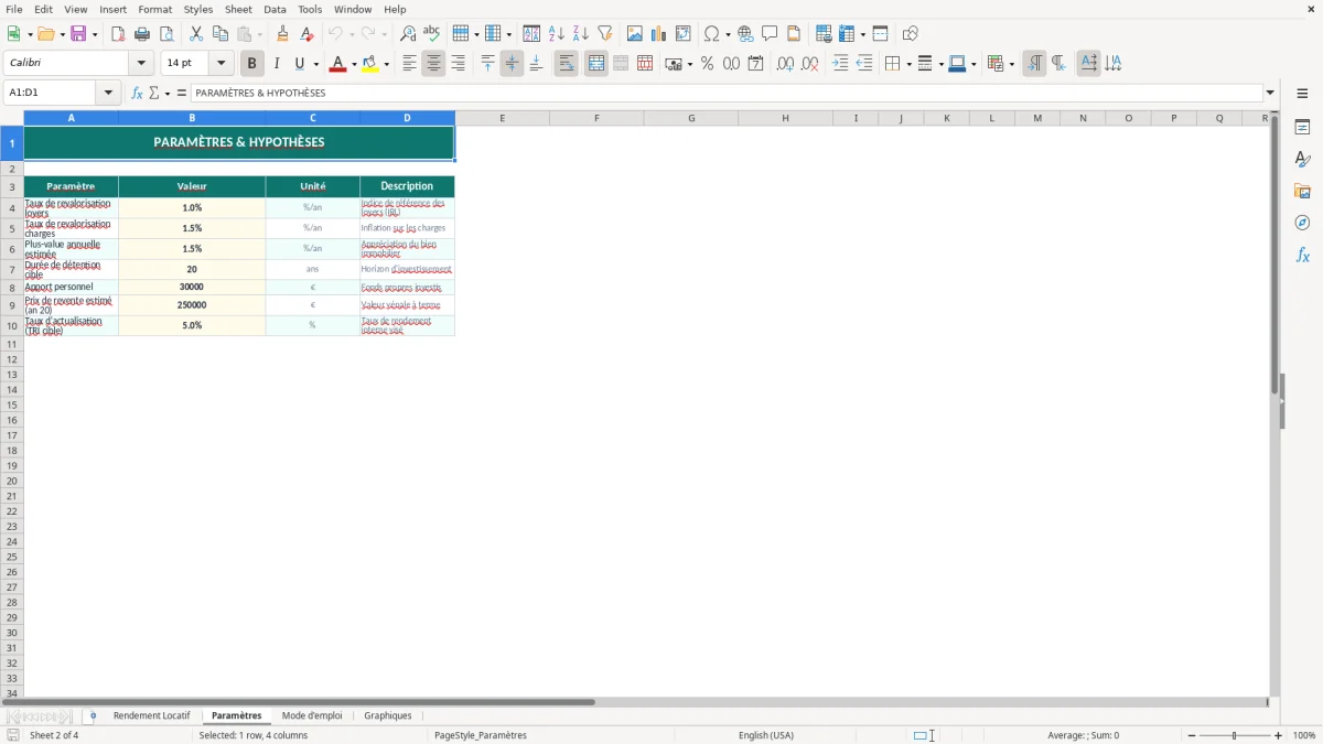 Capture d'écran 2 : Feuille Paramètres - Modèle Excel calcul rendement locatif excel