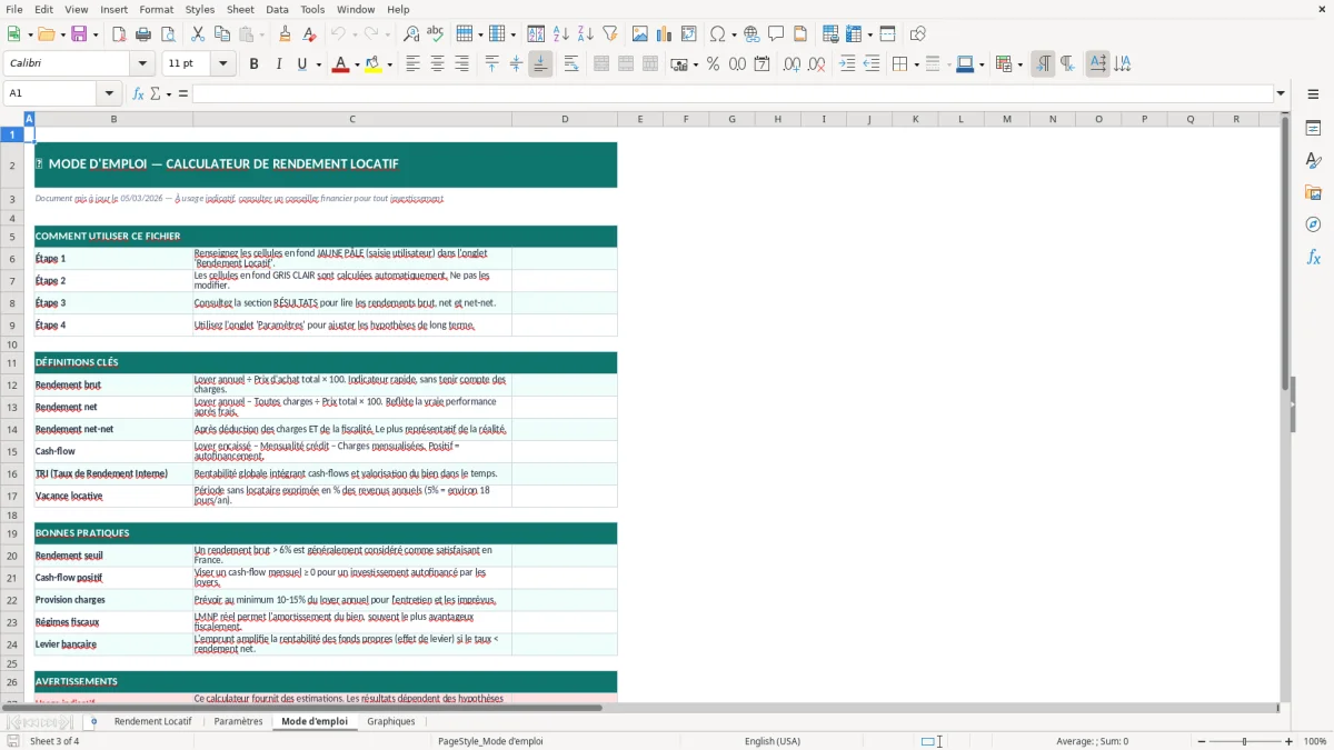 Capture d'écran 3 : Feuille Mode d'emploi - Modèle Excel calcul rendement locatif excel