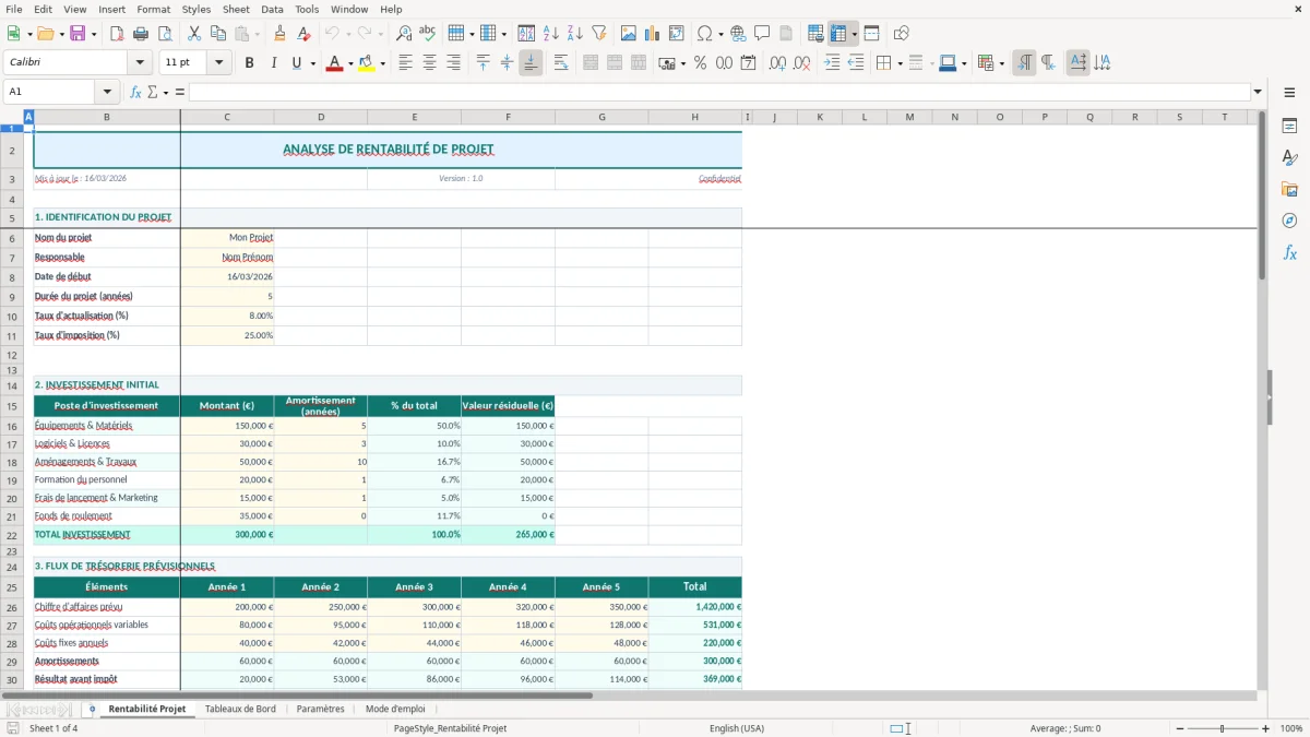 Capture d'écran 1 : Feuille Rentabilité Projet - Modèle Excel calcul rentabilité projet excel