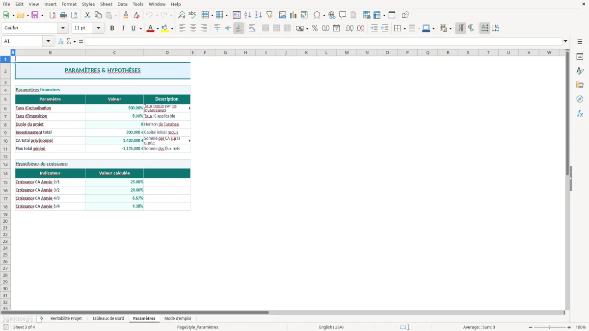 Capture d'écran 3 : Feuille Paramètres - Modèle Excel calcul rentabilité projet excel