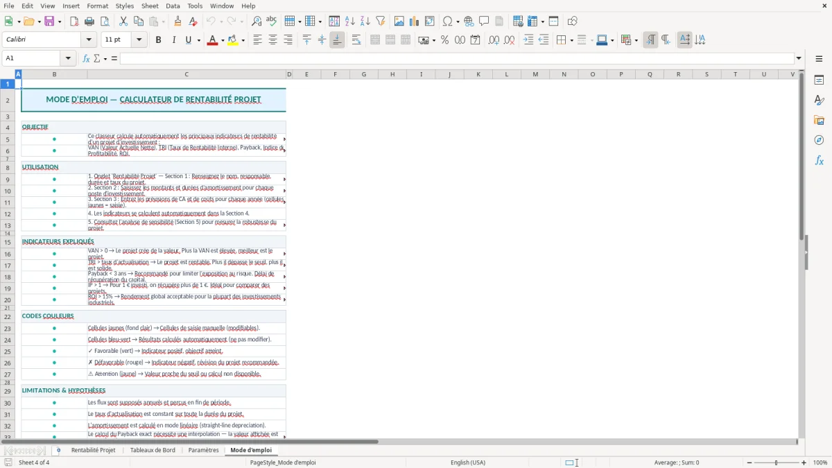Capture d'écran 4 : Feuille Mode d'emploi - Modèle Excel calcul rentabilité projet excel