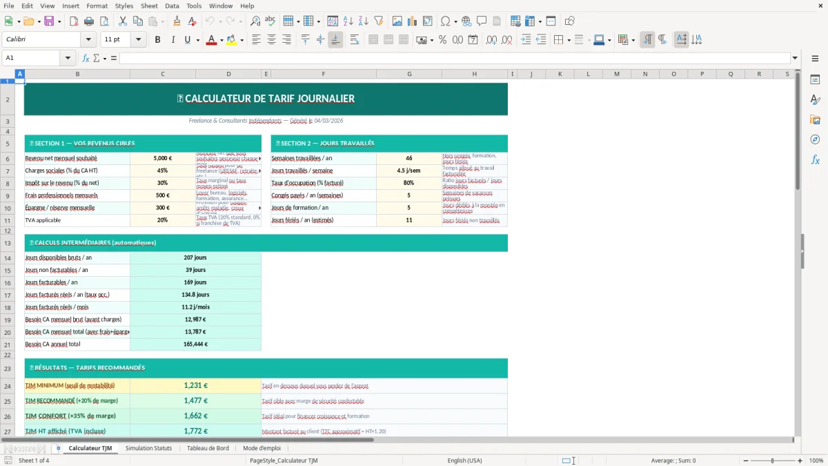 Capture d'écran 1 : Feuille Calculateur TJM - Modèle Excel calculateur tarif journalier excel