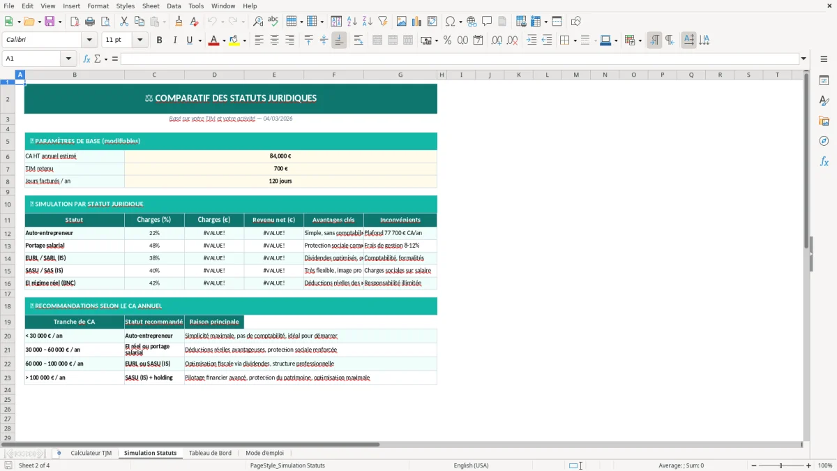 Capture d'écran 2 : Feuille Simulation Statuts - Modèle Excel calculateur tarif journalier excel