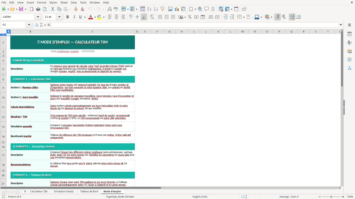 Capture d'écran 4 : Feuille Mode d'emploi - Modèle Excel calculateur tarif journalier excel
