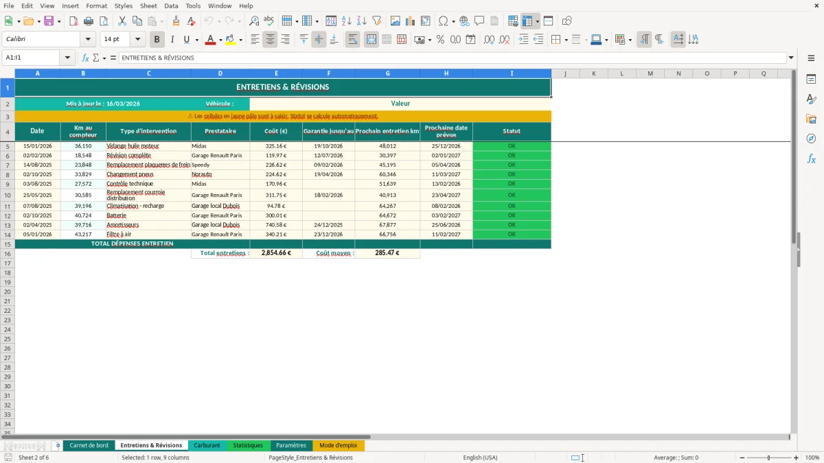 Capture d'écran 2 : Feuille Entretiens & Révisions - Modèle Excel carnet de bord véhicule excel