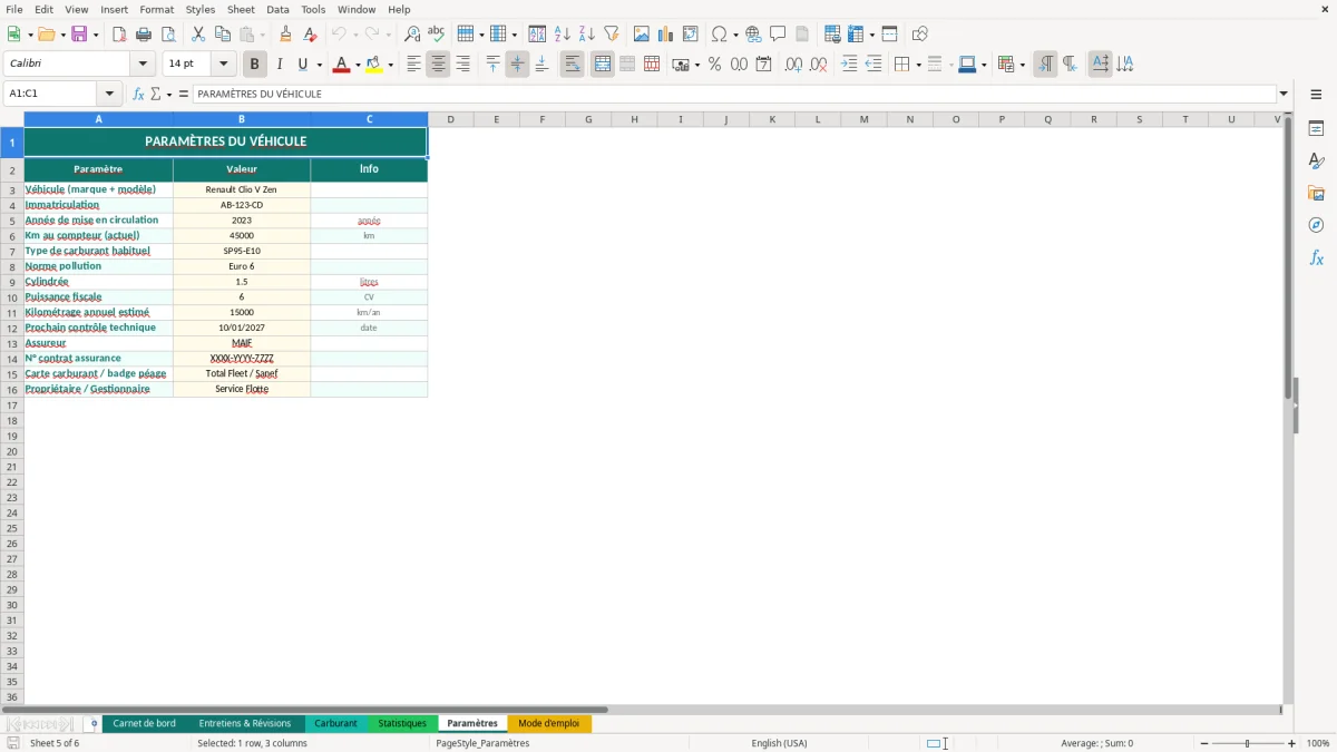 Capture d'écran 5 : Feuille Paramètres - Modèle Excel carnet de bord véhicule excel