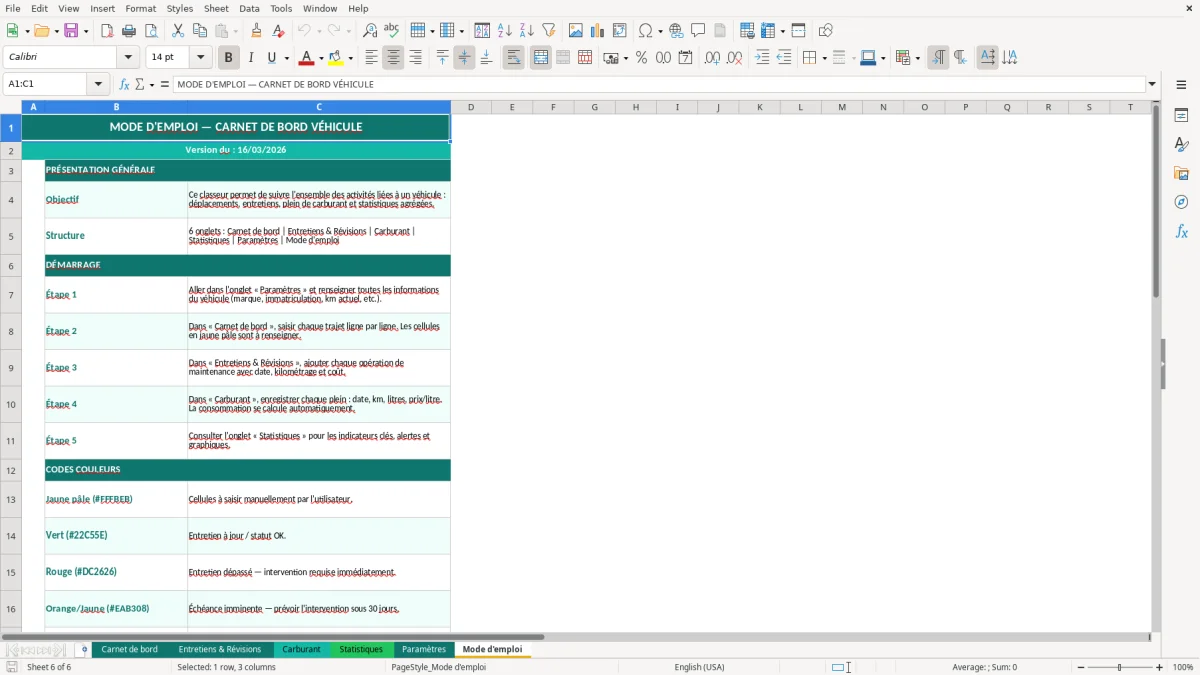 Capture d'écran 6 : Feuille Mode d'emploi - Modèle Excel carnet de bord véhicule excel