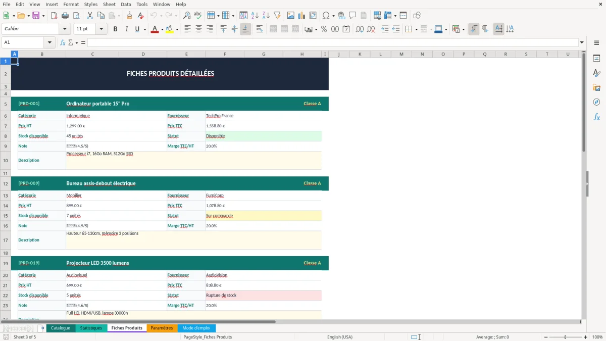 Capture d'écran 3 : Feuille Fiches Produits - Modèle Excel catalogue produits excel