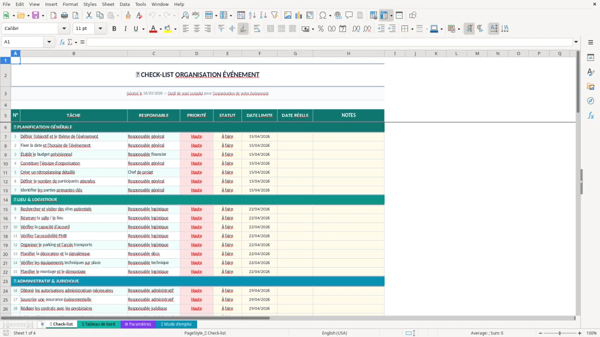 Capture d'écran 1 : Feuille ✅ Check-list - Modèle Excel check-list organisation événement excel