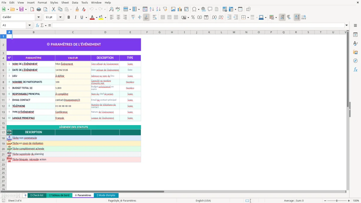 Capture d'écran 3 : Feuille ⚙️ Paramètres - Modèle Excel check-list organisation événement excel