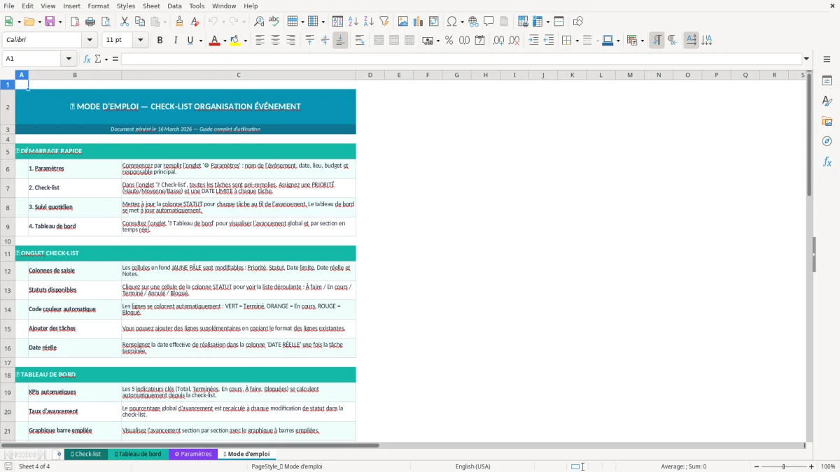Capture d'écran 4 : Feuille 📖 Mode d'emploi - Modèle Excel check-list organisation événement excel