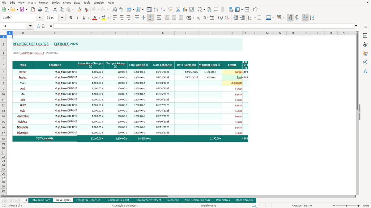 Capture d'écran 2 : Feuille Suivi Loyers - Modèle Excel comptabilité SCI excel
