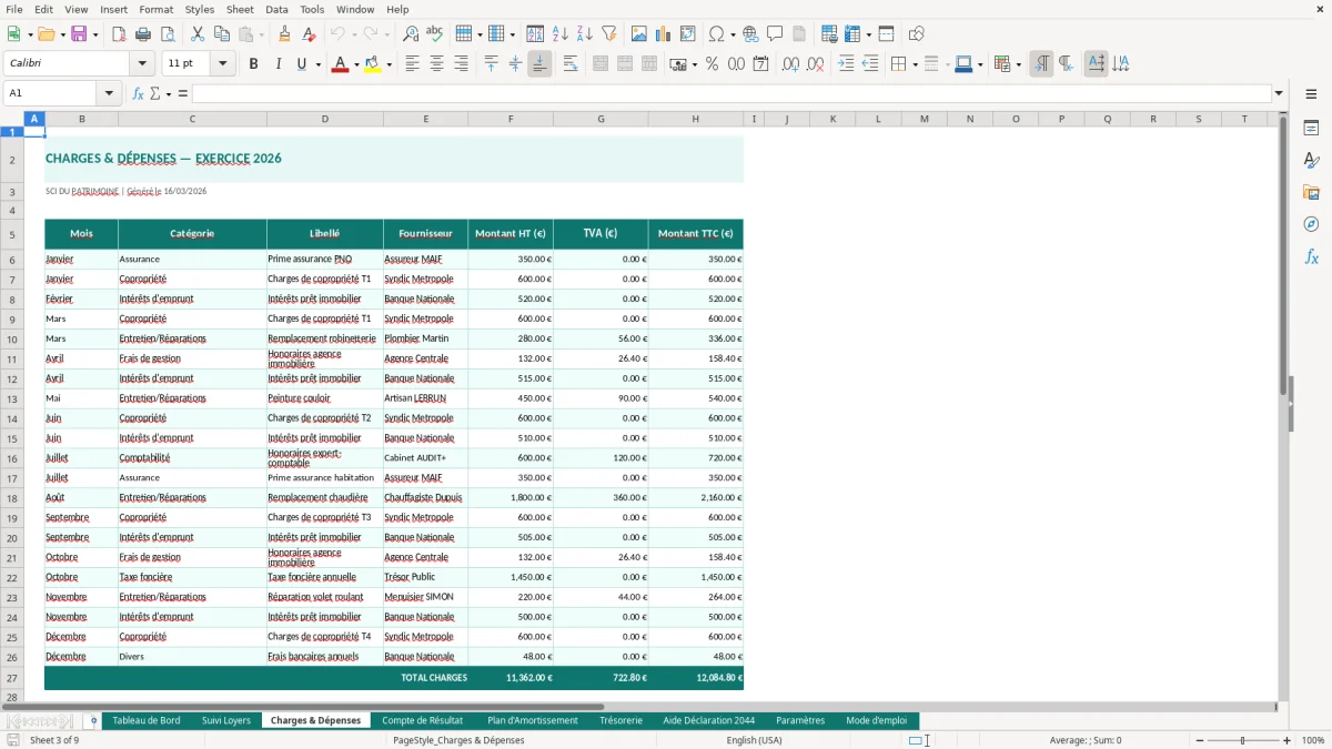 Capture d'écran 3 : Feuille Charges & Dépenses - Modèle Excel comptabilité SCI excel