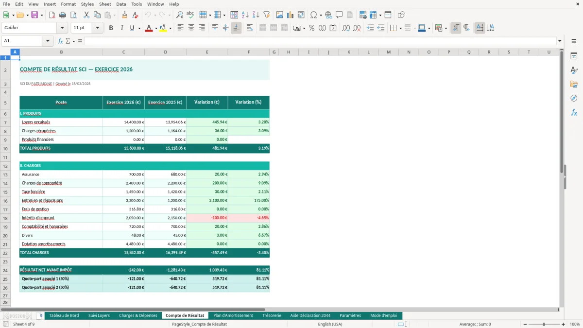 Capture d'écran 4 : Feuille Compte de Résultat - Modèle Excel comptabilité SCI excel