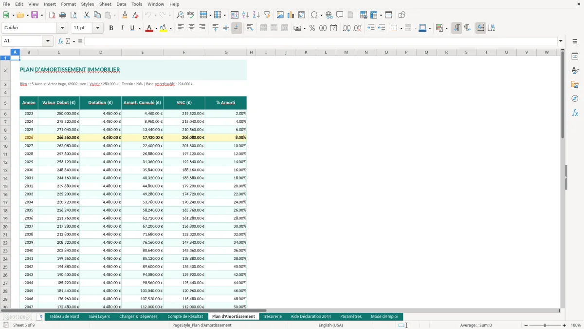 Capture d'écran 5 : Feuille Plan d'Amortissement - Modèle Excel comptabilité SCI excel