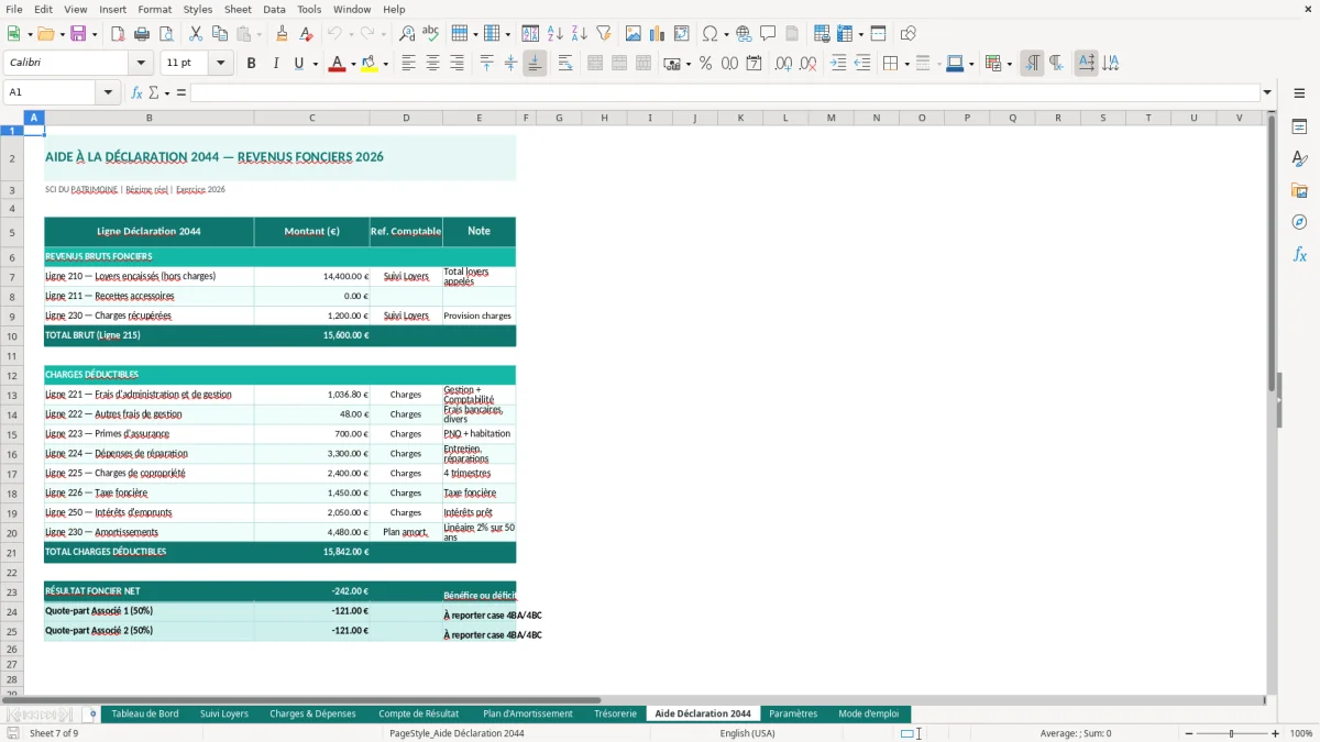 Capture d'écran 7 : Feuille Aide Déclaration 2044 - Modèle Excel comptabilité SCI excel