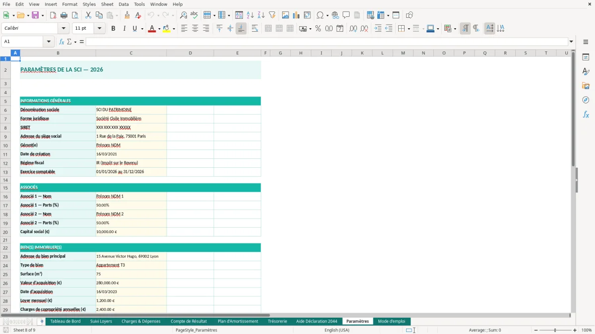 Capture d'écran 8 : Feuille Paramètres - Modèle Excel comptabilité SCI excel