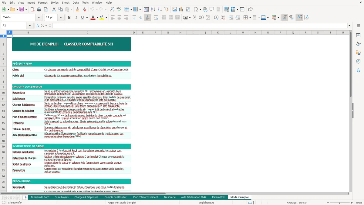 Capture d'écran 9 : Feuille Mode d'emploi - Modèle Excel comptabilité SCI excel