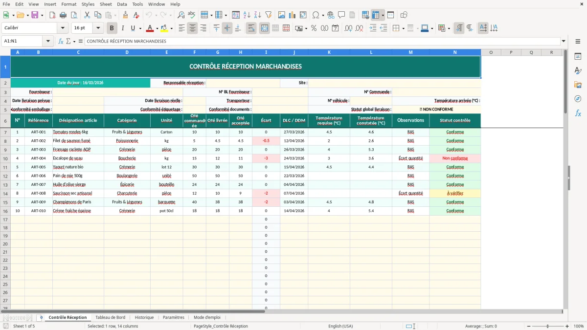 Capture d'écran 1 : Feuille Contrôle Réception - Modèle Excel contrôle réception marchandises excel