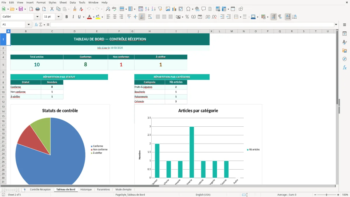 Capture d'écran 2 : Feuille Tableau de Bord - Modèle Excel contrôle réception marchandises excel