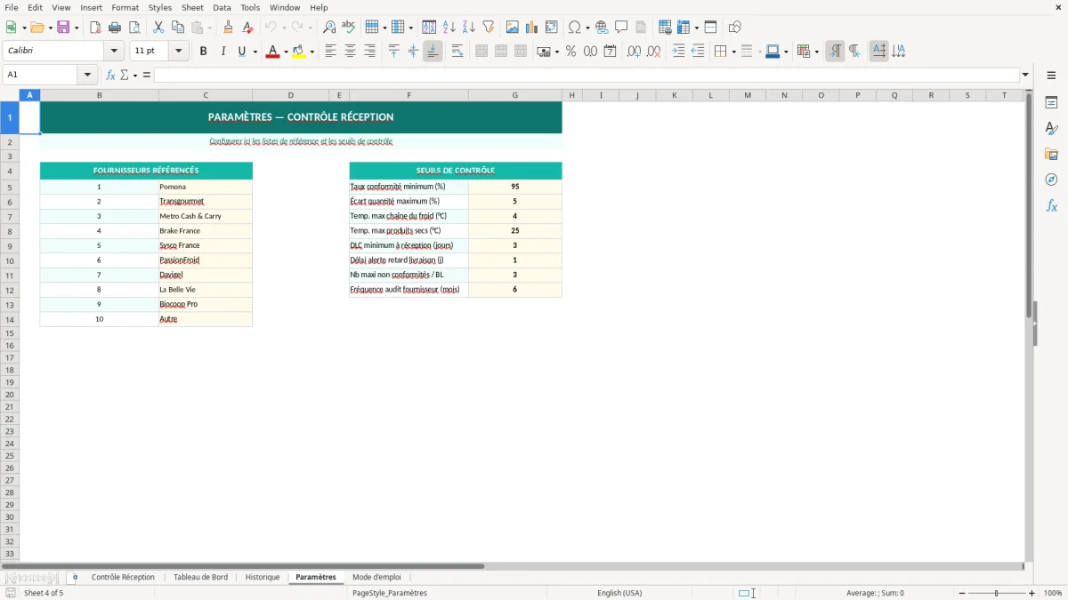 Capture d'écran 4 : Feuille Paramètres - Modèle Excel contrôle réception marchandises excel