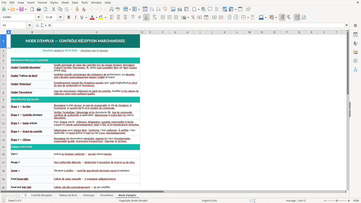 Capture d'écran 5 : Feuille Mode d'emploi - Modèle Excel contrôle réception marchandises excel